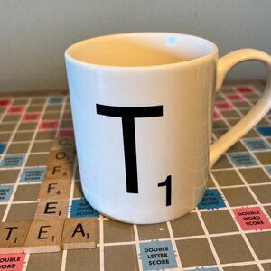 SCRABBLE Crossword Board Game Tile Letter T Initial Monogram Ceramic Mug
